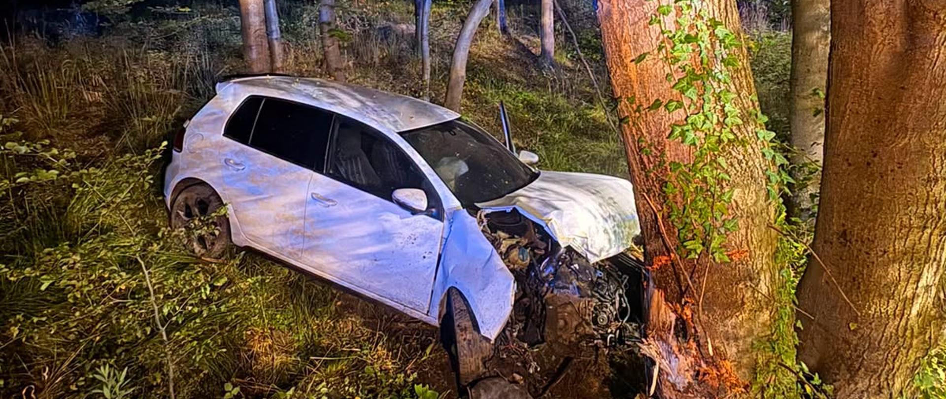 Na zdjęciu samochód osobowy przed drzewem, w które uderzył
