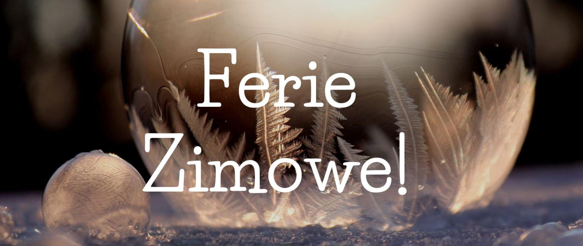 Grafika przedstawia zdjęcie zamarzniętej bańki na śniegu, na nim biały napis "Ferie Zimowe!"