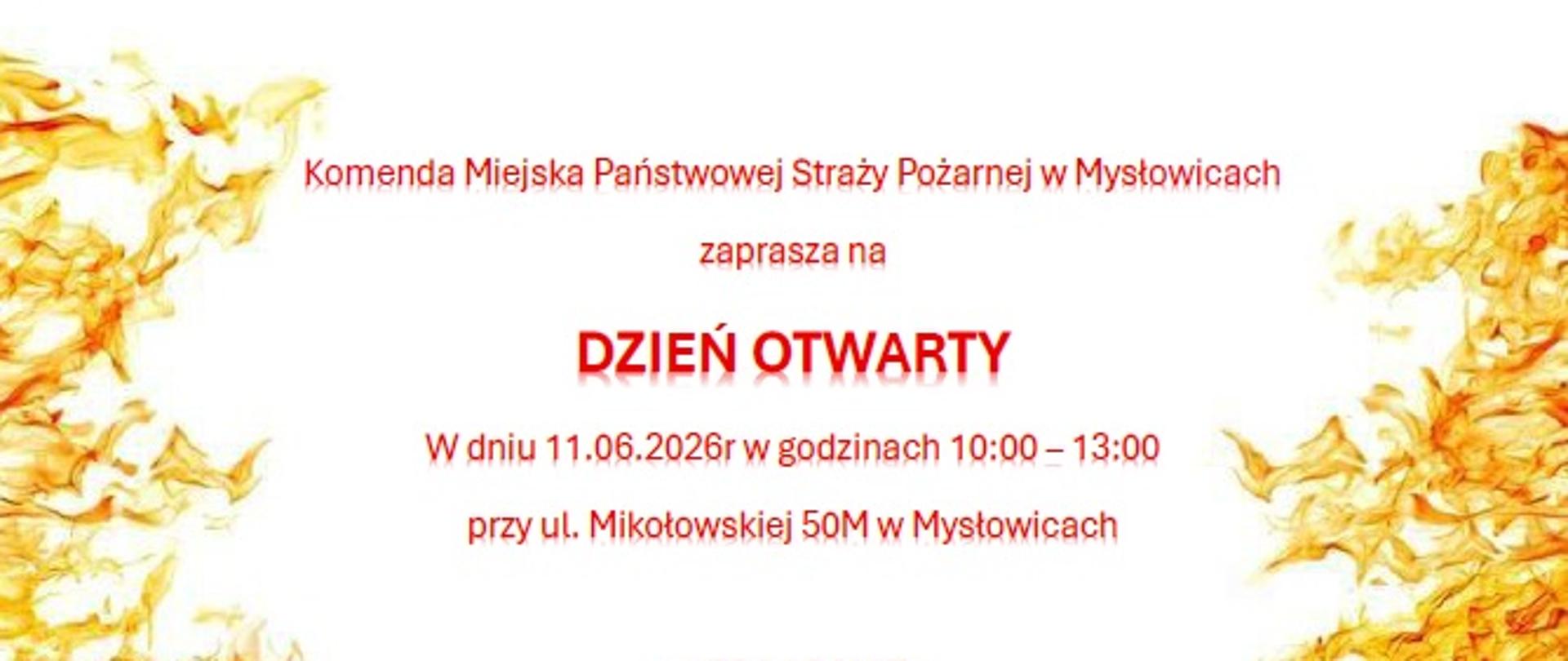 Plakat informacyjny - Dzień Otwarty w KM PSP w Mysłowicach - 11 czerwca 2026r w godz 10:00 - 13:00
