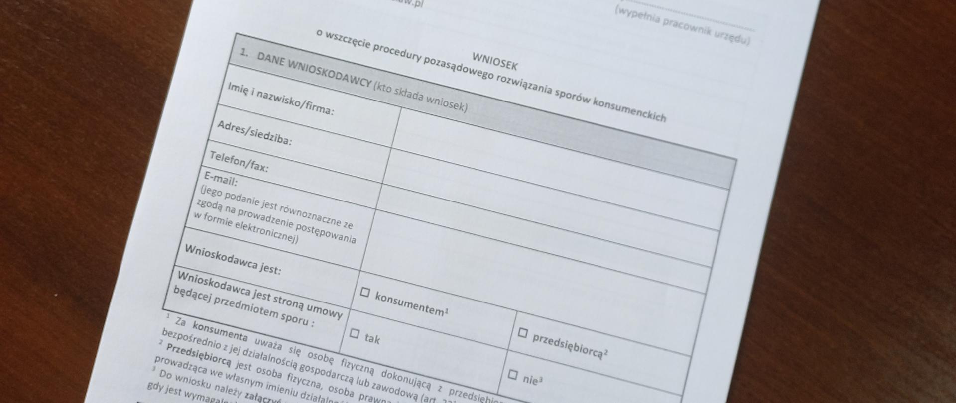 Fragment wniosku o wszczęcie procedury pozasądowego rozwiązania sporów konsumenckich