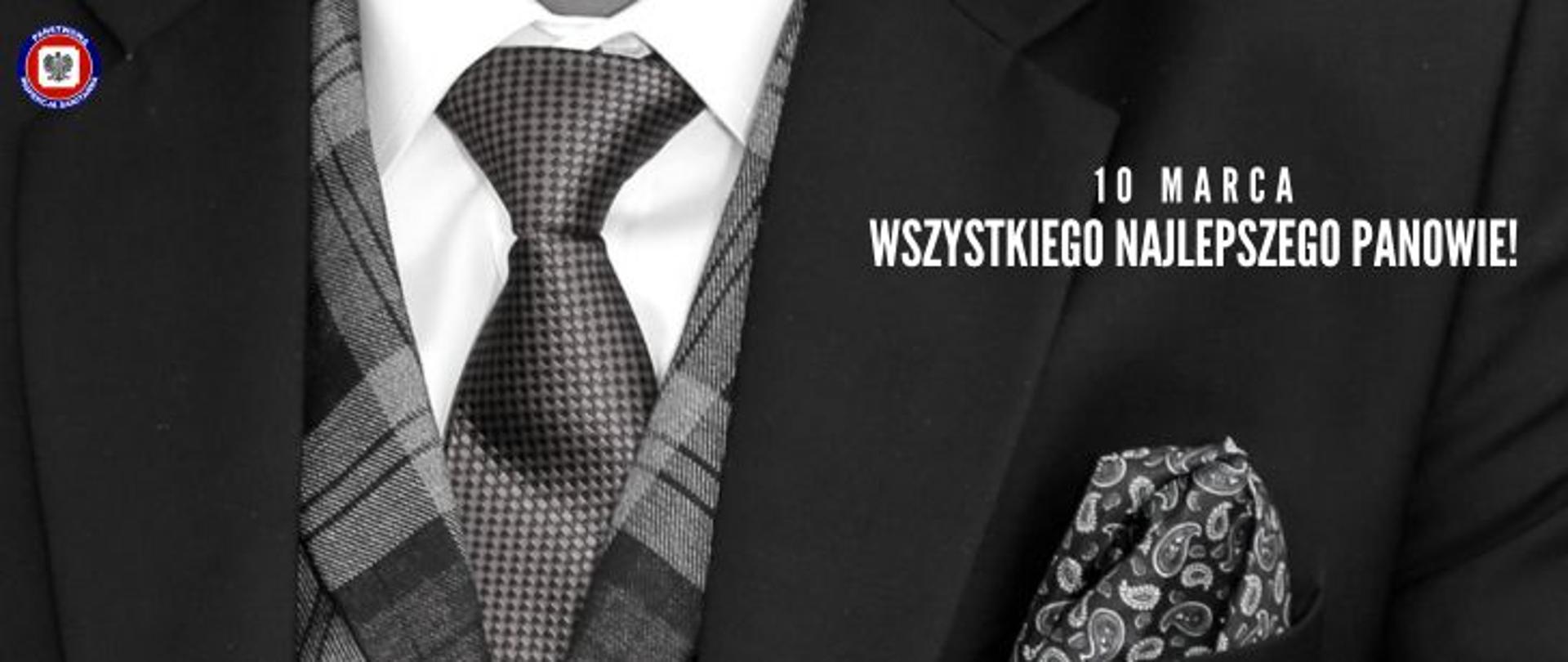 Grafika w czarno-białej kolorystyce. Na środku poły marynarki, kamizela w kratę i krawat, w klapie wzorzysta chustka, po prawej jasny napis 10 marca Wszystkiego najlepszego panowie!. W lewym górnym rogu logo Państwowej Inspekcji Sanitarnej.