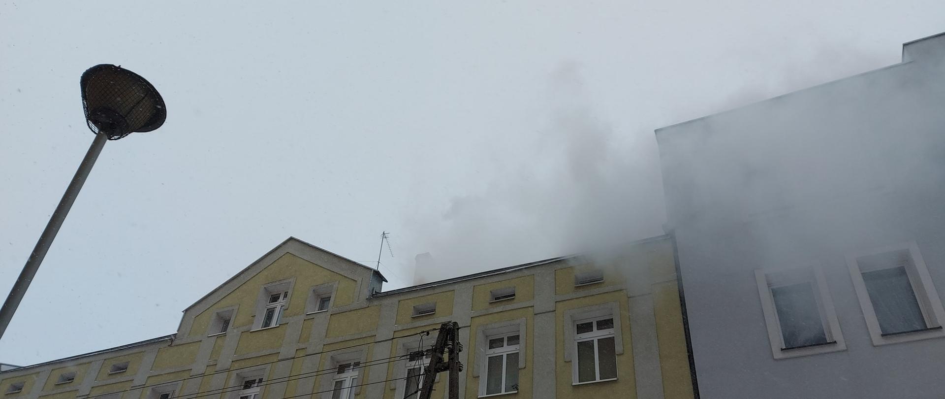 Widok na elewacje frontowe dwóch kamienic dwupiętrowych w zabudowie szeregowej, kamienica po lewej elewacja w kolorze żółtym, kamienica po prawej elewacja w kolorze siwym. Nad dachem zółtej kamienicy silne zadymienie. 