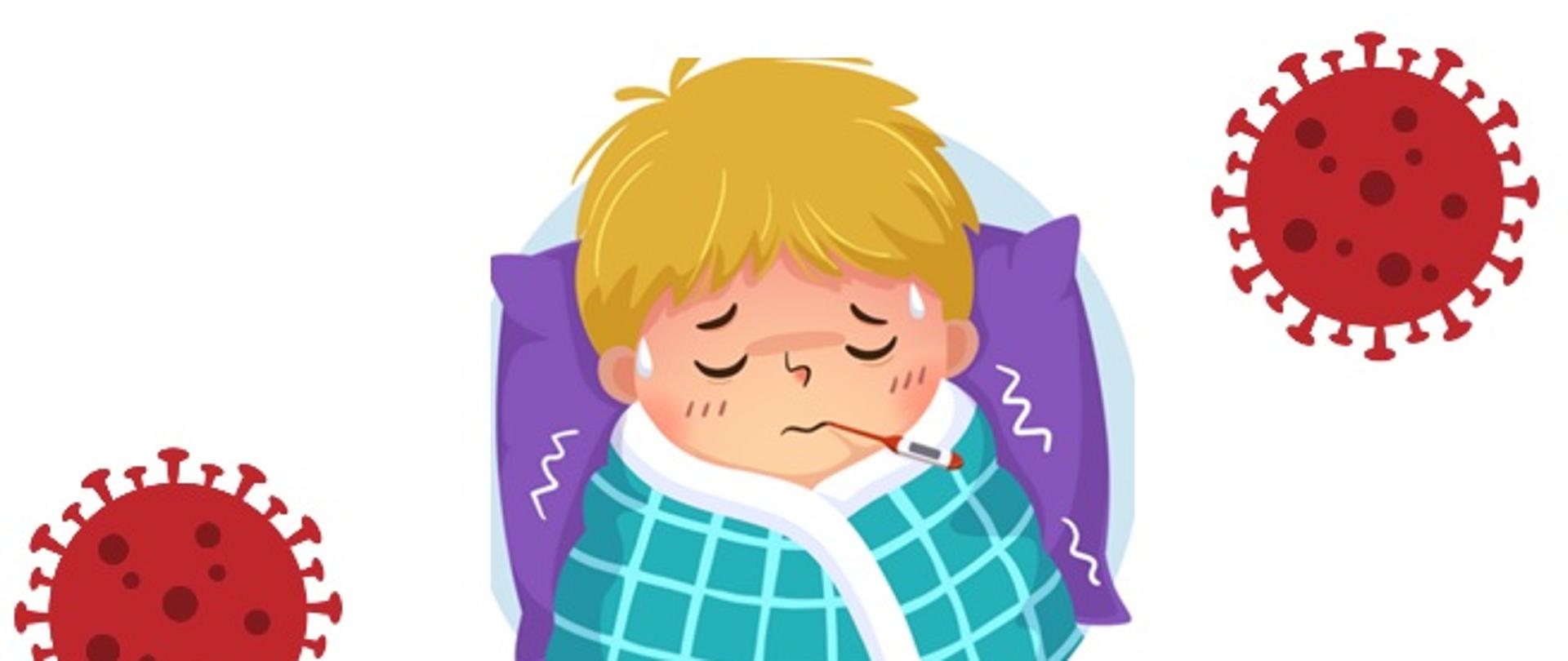 Grafika przedstawia chłopca, trzymającego termometr w ustach.