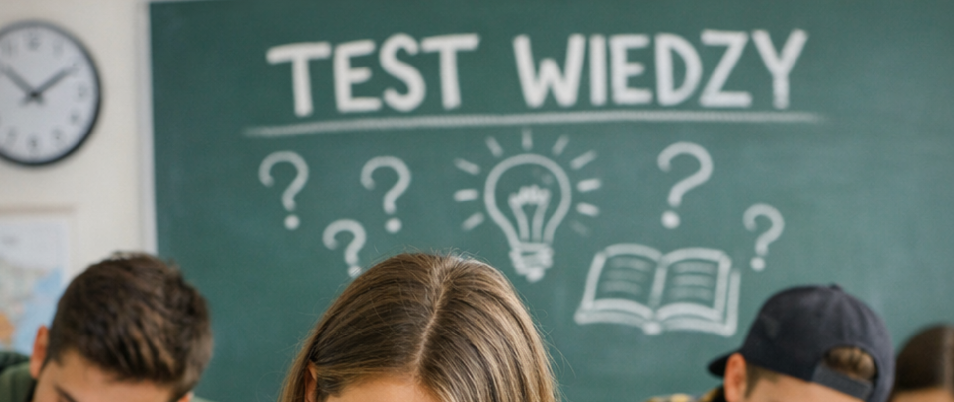 Grafika przedstawia salę lekcyjną z zieloną tablicą, na której widnieje napis: TEST WIEDZY