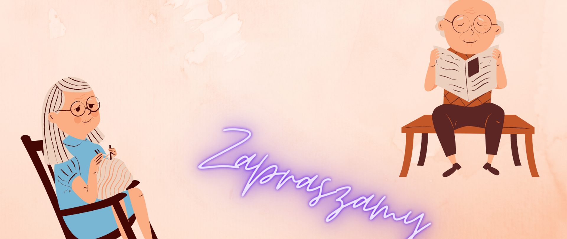 Plakat informuje o koncercie z okazji Dnia Babci i Dziadka w dniu 26.01.2023 r. Na plakacie grafika z postaciami babci siedzącej na fotelu bujanym z robótką na drutach, obok postać dziadka siedzącego na ławce z gazetą w ręku.