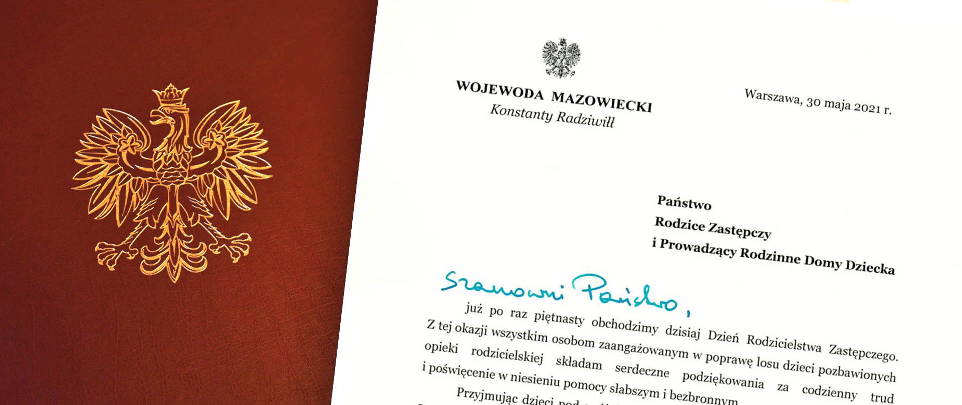 Grafika przedstawiająca brązową teczkę z tłoczonym złotym orłem z godła Polski, na której umieszczono list Wojewody Mazowieckiego do rodziców zastępczych i osób prowadzących rodzinne domy dziecka. 