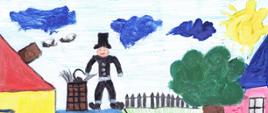 KOMINIARZ PRZYNOSI SZCZĘŚCIE. Rysunek autorstwa Bartosza Naskręta, lat 5 z konkursu plastycznego organizowanego przez KP PSP w Kościanie. Na rysunku widzimy kolorowe domy, drzewo, rower, kota, na niebie słońce i chmury. Na jednym z domów stoi kominiarz i czyści komin.