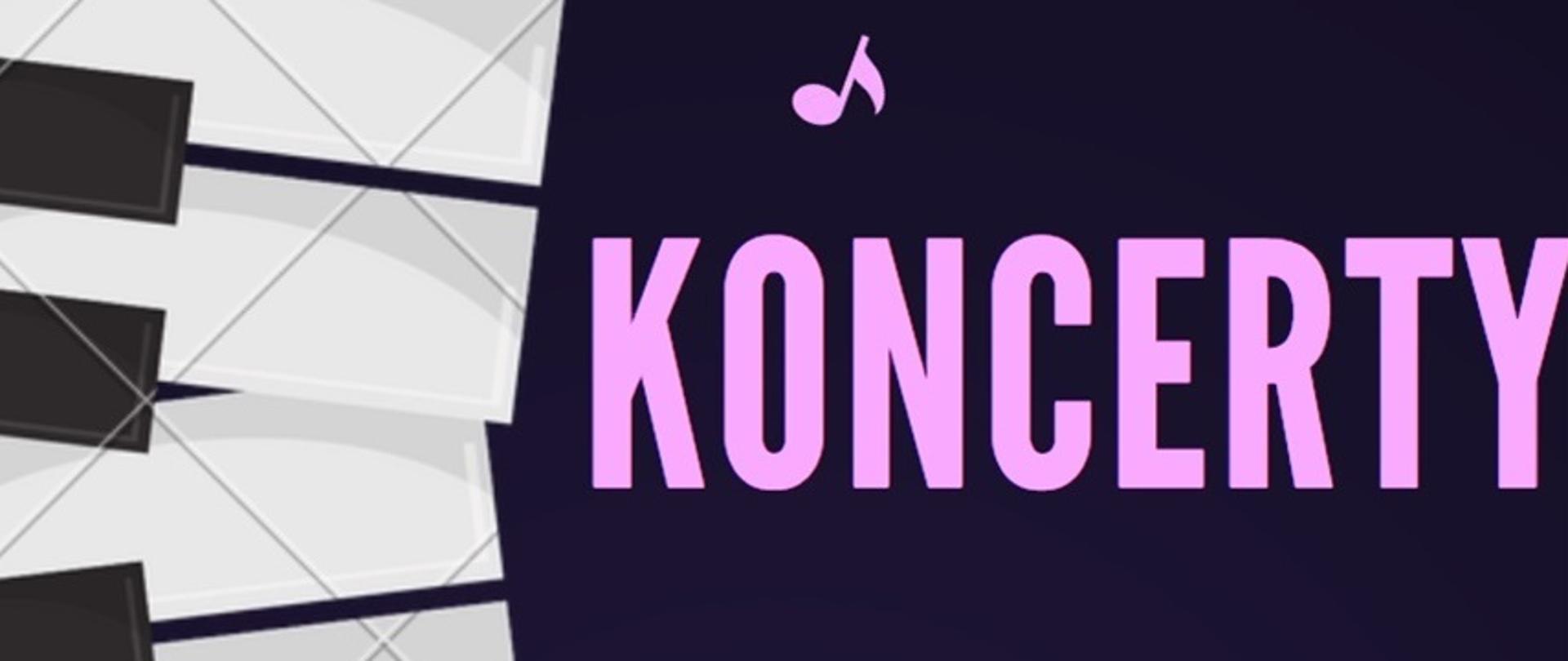Plakat koncertów uczniów klas fortepianu, z lewej strony widnieje klawiatura fortepianowa.