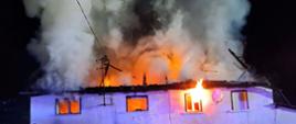pali się dom, jest noc, widać płomienie i dym wydobywające się z okien i drzwi