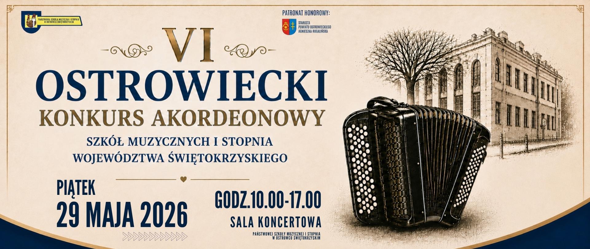 akordeon i budynek szkoły w prawym rogu,, napisy w kolorze granatowym na kremowym tle, z logo szkoły w kolorze brązowo-żółtym