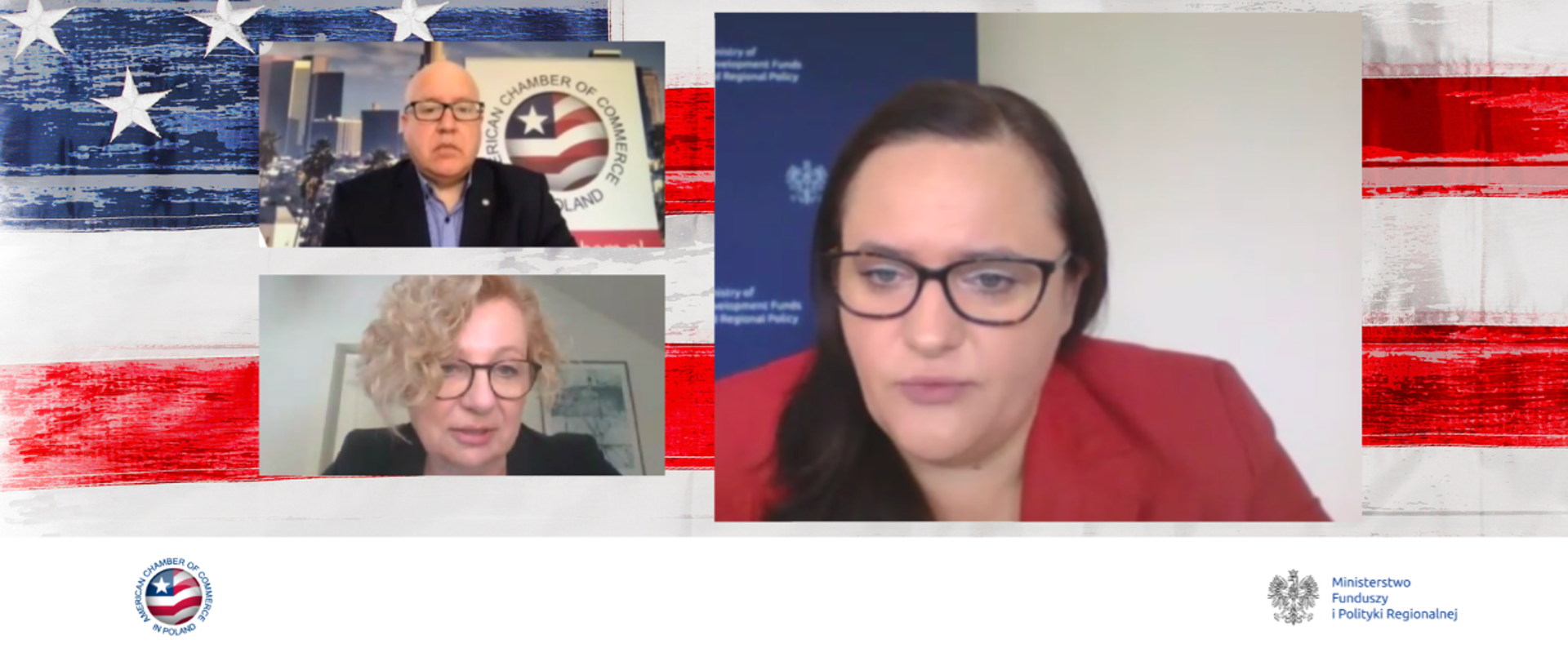 Na grafice zrzuty ekranu z konferencji online - trzy zdjęcia prelegentów, w tym wiceminister Małgorzaty Jarosińskiej-Jedynak. Tłem jest polska i amerykańska flaga. Na dole logo Amerykańskiej Izby Handlowej w Polsce oraz MFiPR.