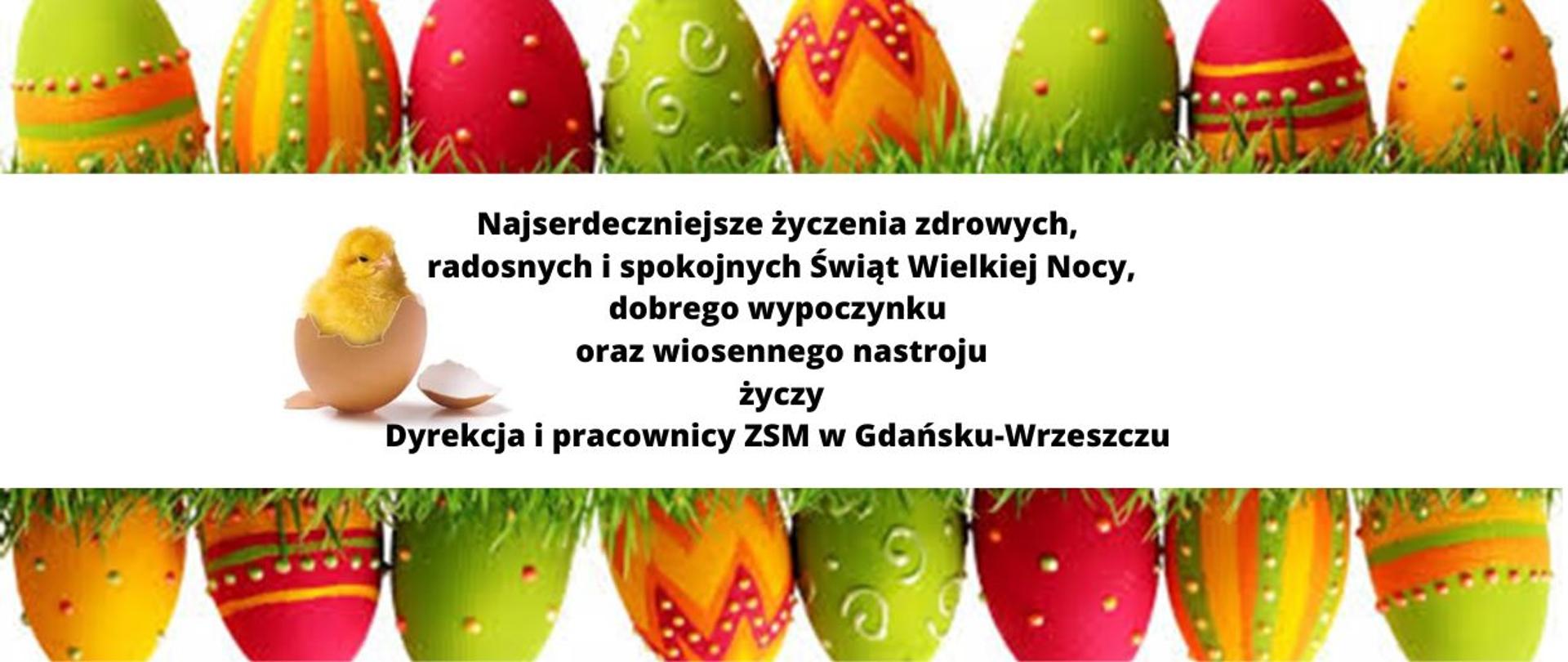 kolorowe pisanki, kurczaczek i życzenia wielkanocne.