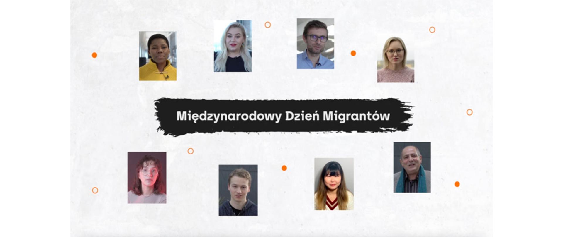 Kadr z filmu stworzonego przez Muzeum Emigracji w Gdyni. Na zdjęciu: zdjęcia bohaterów występujących w filmie, w centralnej części napis "Międzynarodowy Dzień Migrantów"