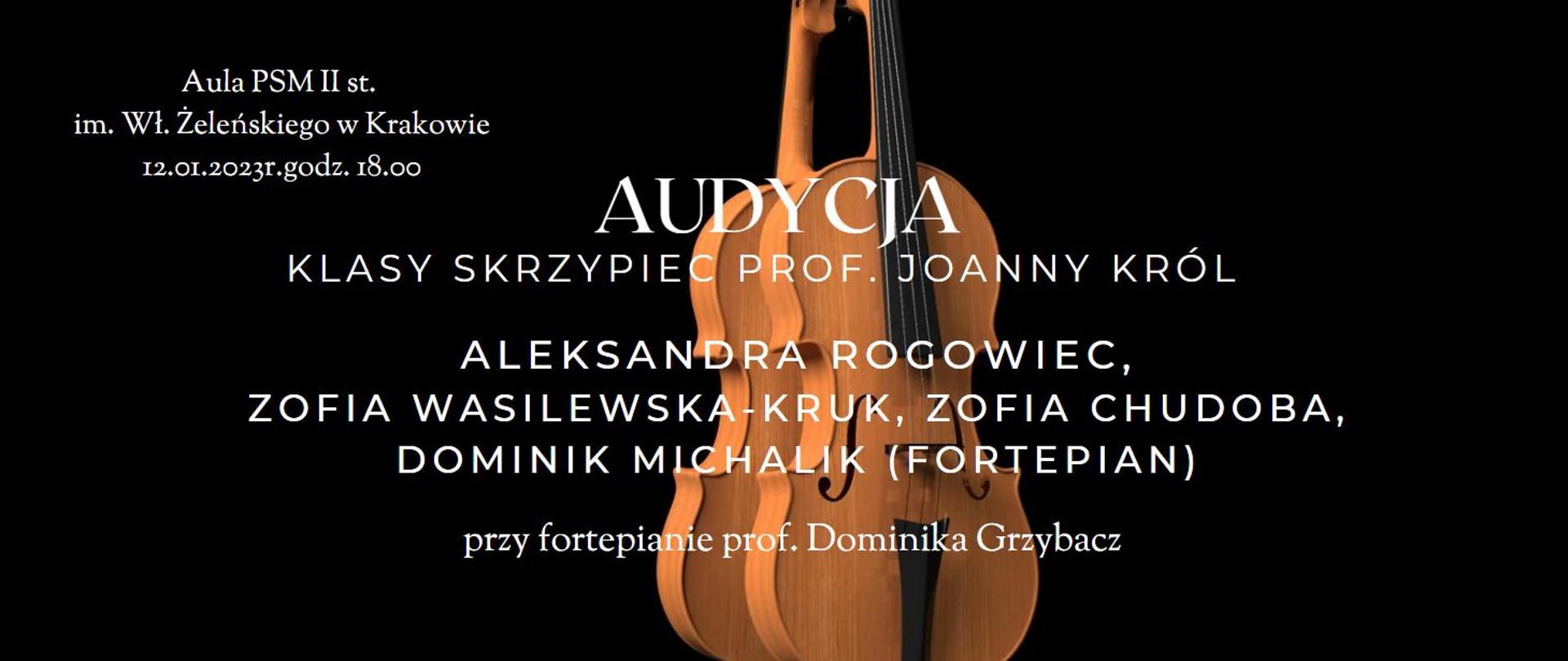 na czarnym tle z grafiką skrzypiec napis audycja klasy skrzypiec prof. Joanny Król 12.01.2023