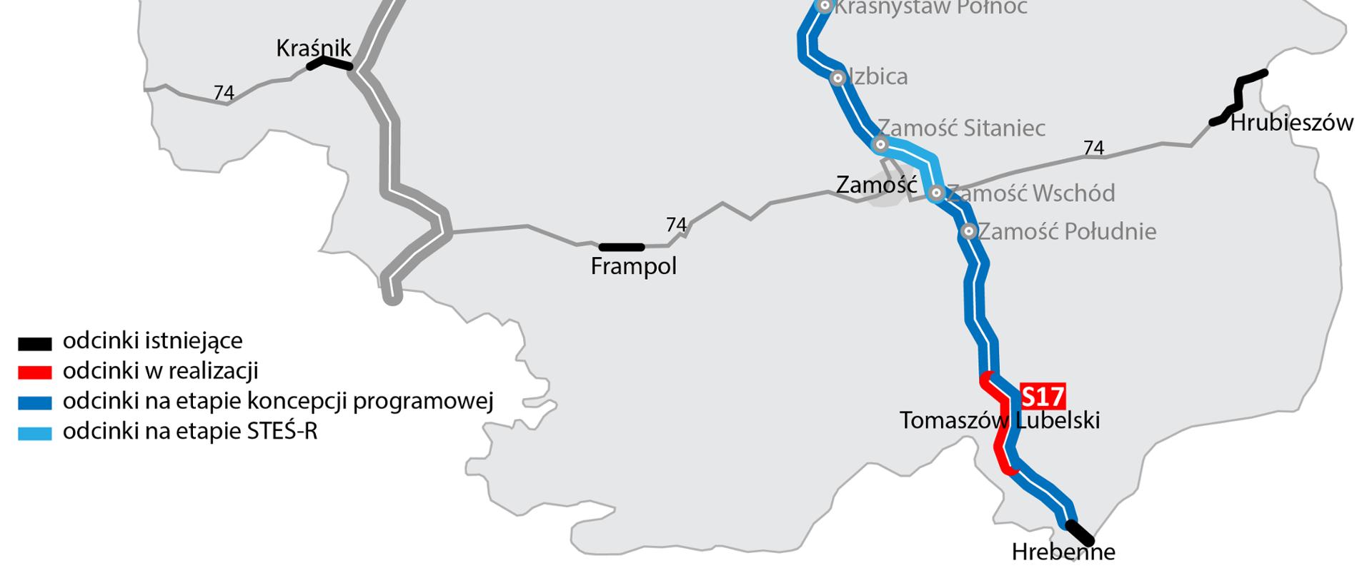 Mapa odcinka S17 Piaski - Hrebenne