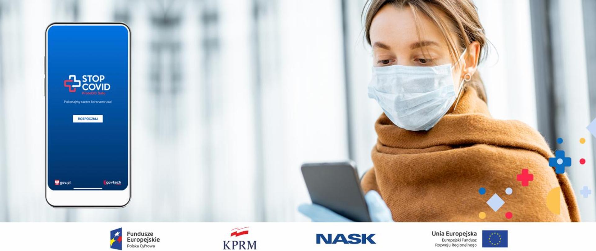 po lewej stronie Aplikacja STOP COVID, po drugiej stronie dziewczyna z telefonem w dłoni