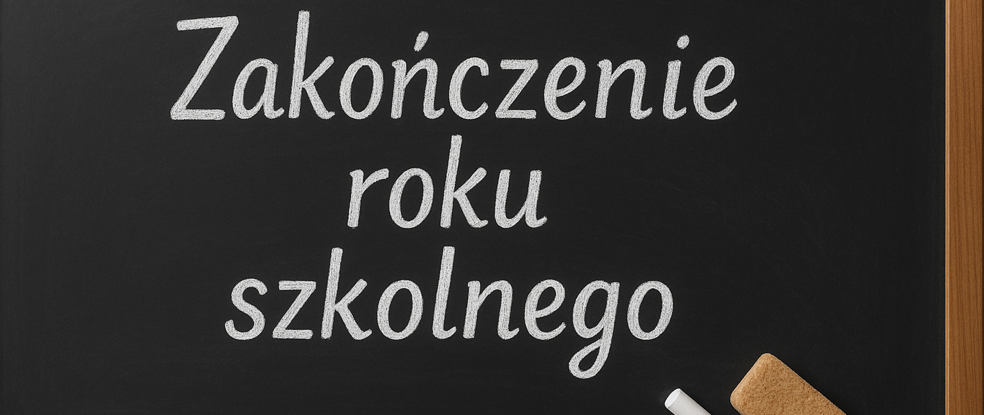 Czarna tablica lekcyjna w klasycznym stylu szkolnym — lekko starta, z kredowym pyłem. Na środku tablicy znajduje się odręczny napis w języku polskim:
**„Zakończenie roku szkolnego”** — wykonany białą kredą, stylizowany jakby został napisany przez nauczyciela. Litery są starannie, ale naturalnie narysowane, z drobnymi nierównościami jak przy pisaniu ręką. W rogu widać kawałek kredy i małą gąbkę.