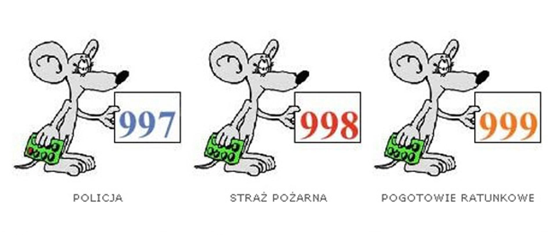Zdjęcie nawiązuje do artykułu edukacyjnego skierowanego dla dzieci. Na tej grafice widać 3 szare myszki które w rękach trzymają tabliczki z numerami alarmowymi służb ratunkowych 997,998,999. Na dole grafiki widać nazwy służb do których należy dany numer