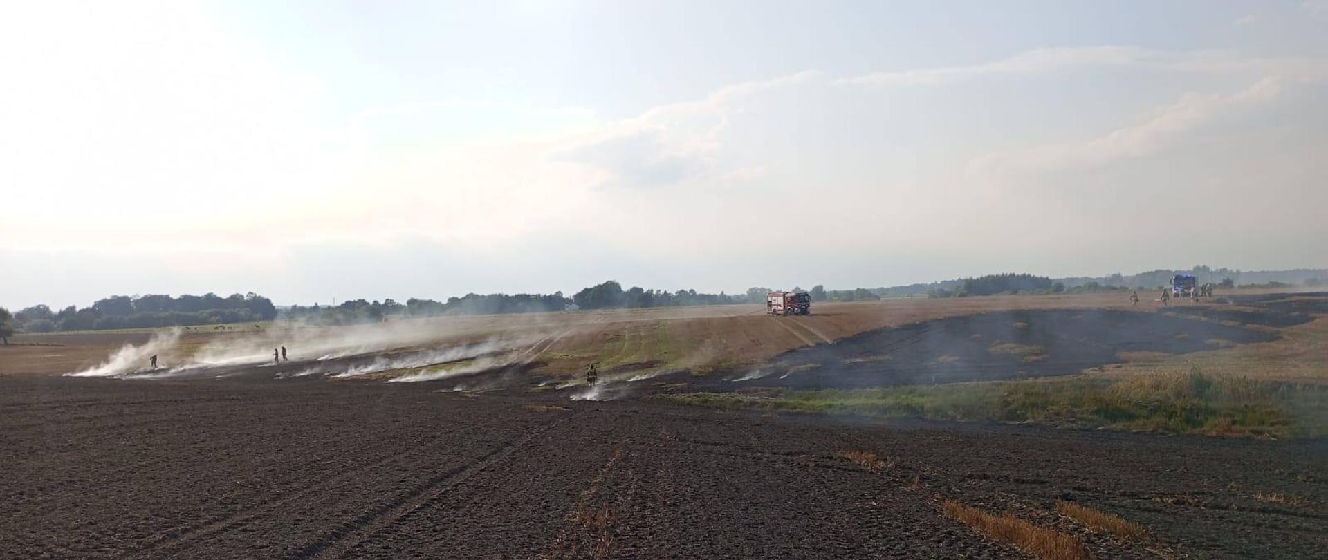 Zdjęcie przedstawia miejsce pożaru ścierniska. Na pierwszym planie widać spalone i osmolone ziemie z widocznymi śladami po pojeździe rolniczym lub strażackim. W tle unosi się dym, a strażacy dogaszają pogorzelisko przy pomocy linii gaśniczych. Na polnej drodze stoją co najmniej dwa samochody pożarnicze oraz inne pojazdy ratownicze. Warunki pogodowe są sprzyjające – jest jasno, nie widać silnego wiatru. Sytuacja wygląda na opanowaną, ale działania dogaszające jeszcze trwają.