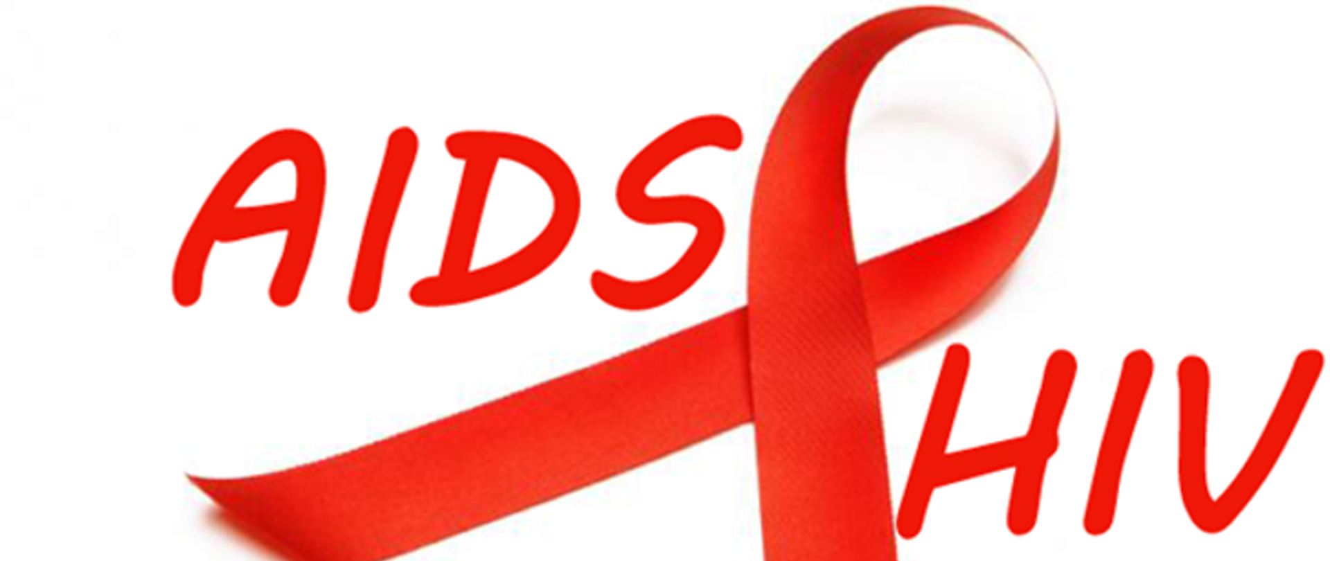 Na białym tle czerwony napis AIDS czerwona wstążeczka oraz czerwony napis HIV 