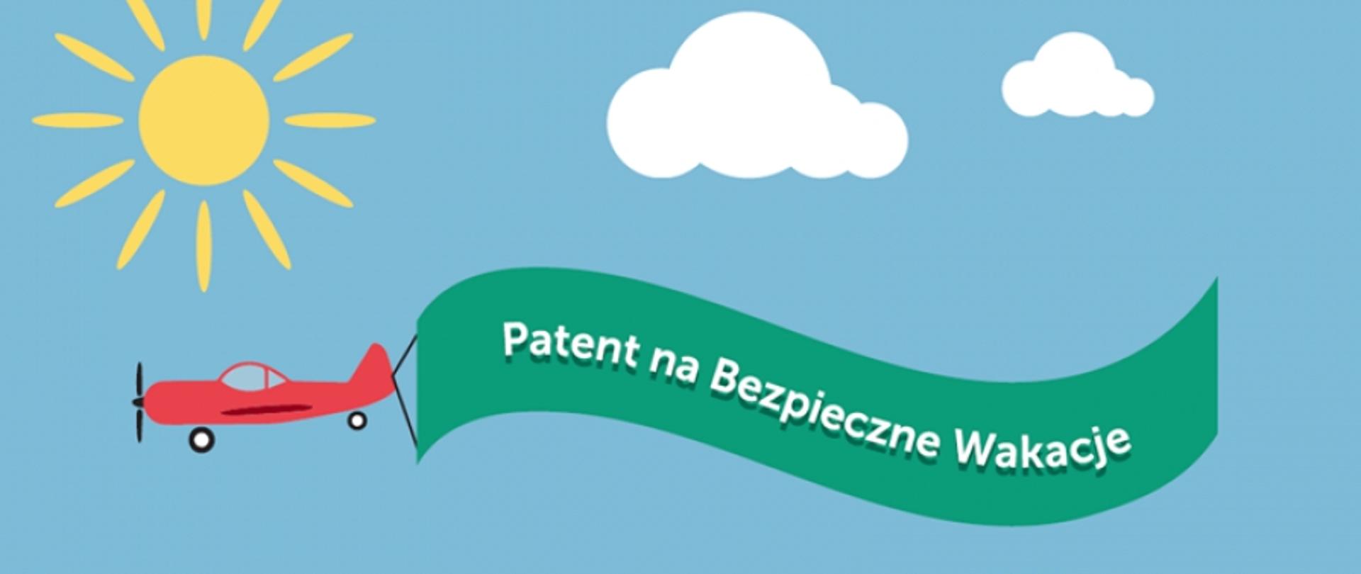 Czerwony samolot lecący nad plażą po słonecznym niebie i ciągnący za sobą płachtę z napisem "Patent na Bezpieczne Wakacje"