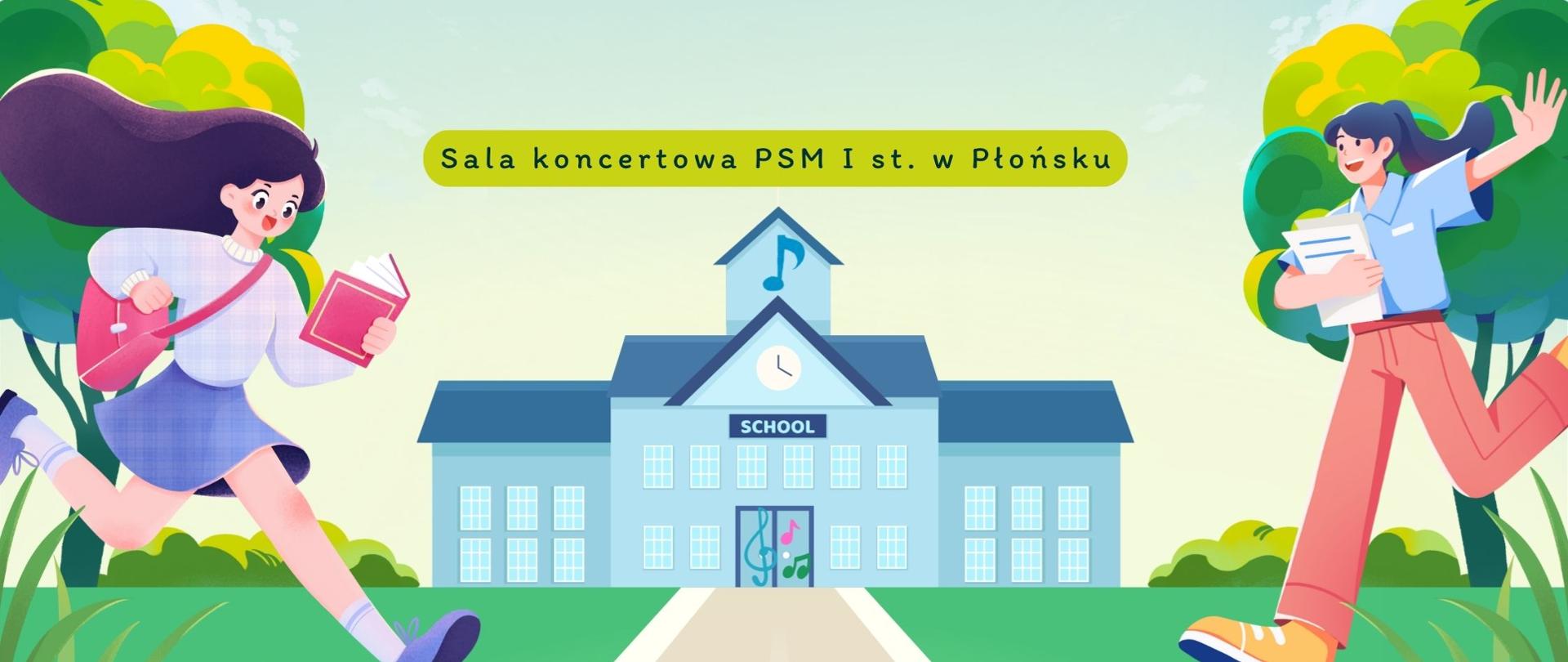 Zdjęcie przedstawia dwie dziewczyny biegnące do szkoły 