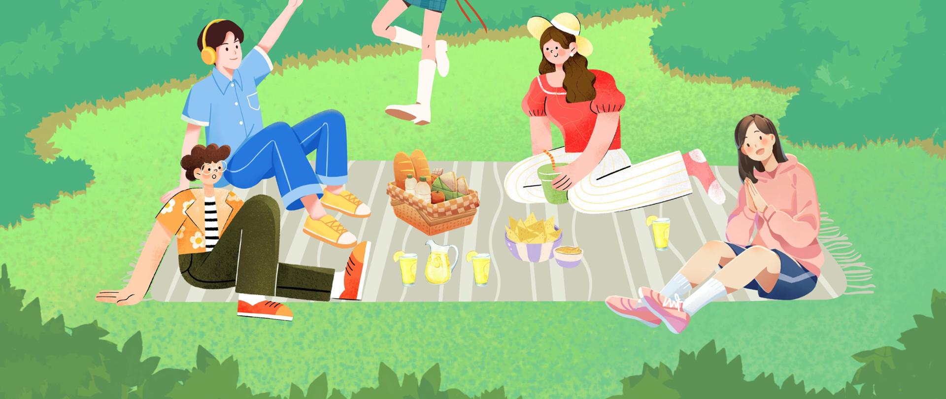 Plakat. Rysunek na żółtym tle, od góry opis: "Zapraszamy na piknik w muzycznej. Miejsce: Państwowa Szkoła Muzyczna I stopnia im. Wojciecha Kilara w Dzierżoniowie. Data i godzina: 20 czerwca 2024 r. godzina 16:00". pod spodem rysunek rodzinki siedzącej na trawie, na kocu i piknikujący.