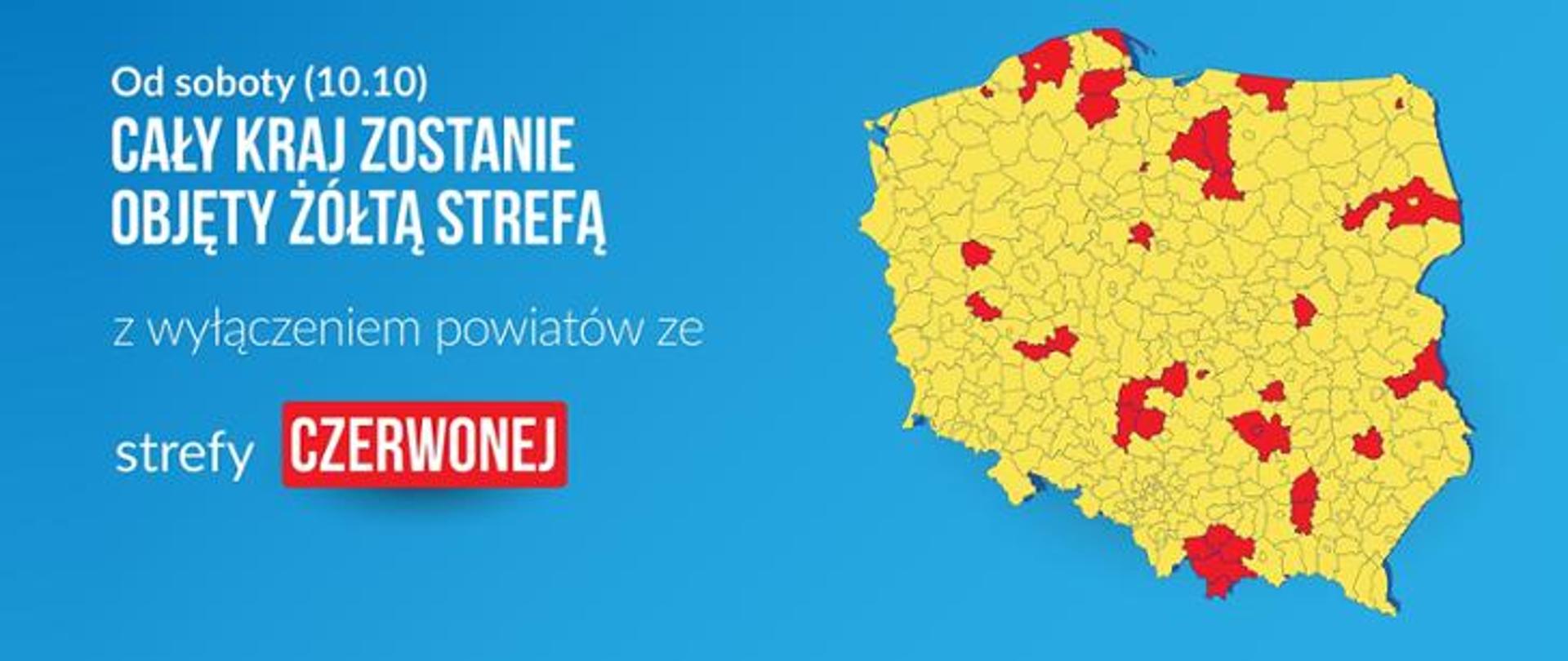 Plansza z mapą Polski z zaznaczonymi powiatami strefy czerwonej oraz napisem: Od soboty 10.10 cały kraj zostanie objęty żółtą strefą z wyłączeniem powiatów za strefy czerwonej.
