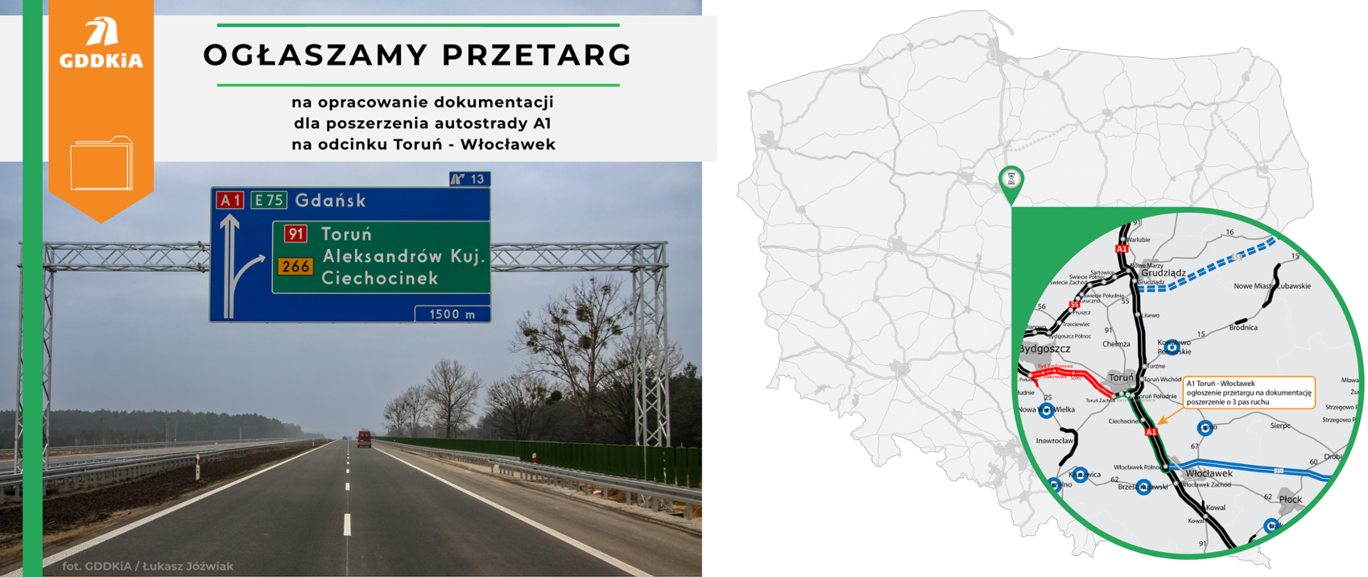 Ogłaszamy przetarg na opracowanie dokumentacji dla poszerzenia odcinka Autostrady A1 na odcinku Toruń - Włocławek