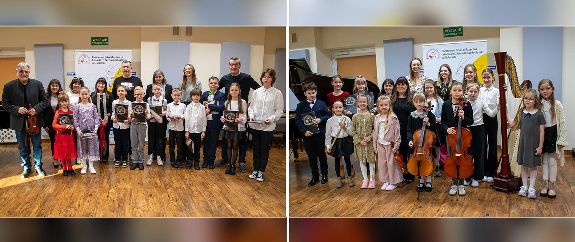 Collage dwóch zdjęć, na każdym z nim stoi grupa nauczycieli i uczniów, dzieci trzymają w rękach instrumenty muzyczne i dyplomy.