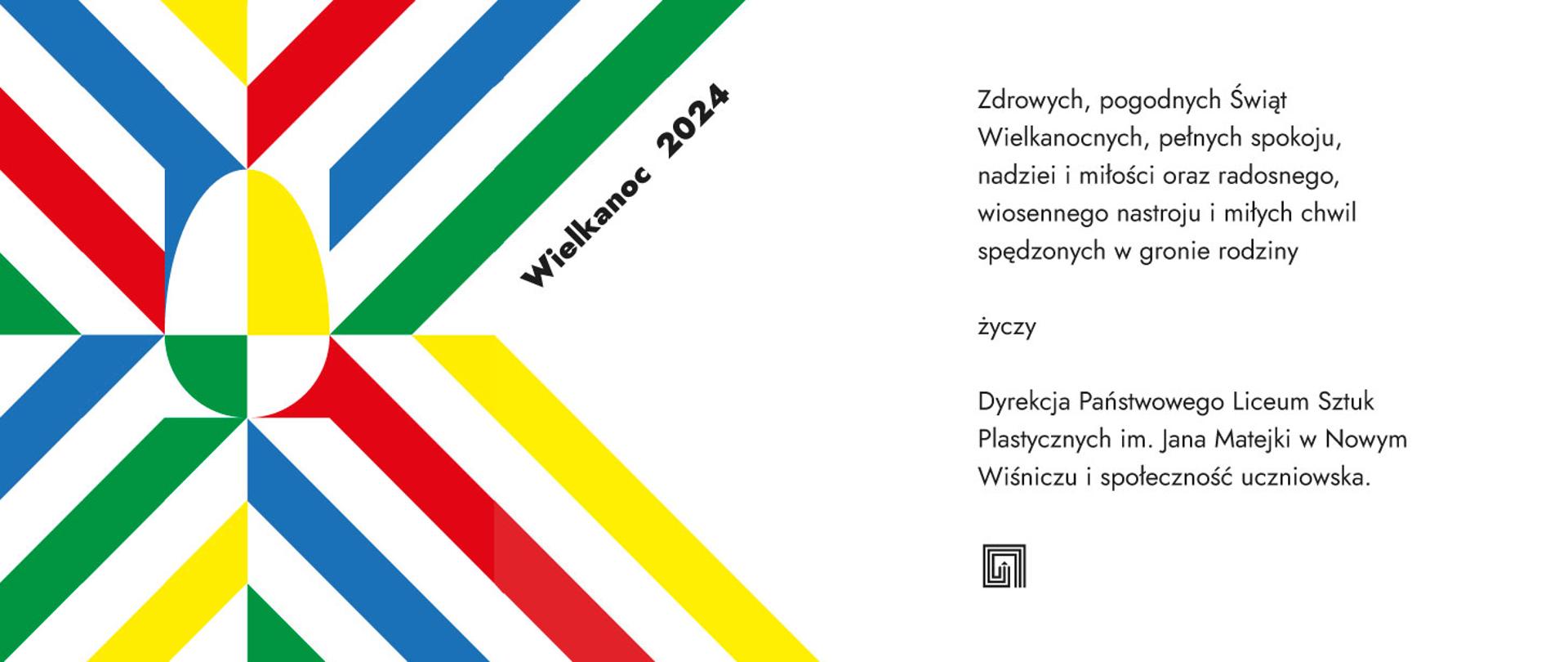 Grafika na środku biało-żółtozielone jajo, z niego wychodzą białe, żółte, zielone, niebieskie i czerwone pasy. Czarny napis Wielkanoc 2024