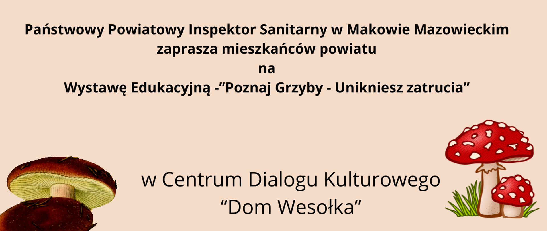 Zdjęcie zawiera tekst: Państwowy Powiatowy Inspektor Sanitarny w Makowie Mazowieckim zaprasza mieszkańców powiatu na wystawę edukacyjną Poznaj Grzyby0Unikniesz Zatrucia w Centrum Dialogu Kulturowego "Dom Wesołka", ul Zielony Rynek 5, od 5 do 14 listopada 2025 w godzinach od 9 do 14, dla grup zorganizowanych obowiązują zapisy pod numerem telefonu 887 437 767. Na plakacie znajdują się zdjęcia grzybów oraz liści.
