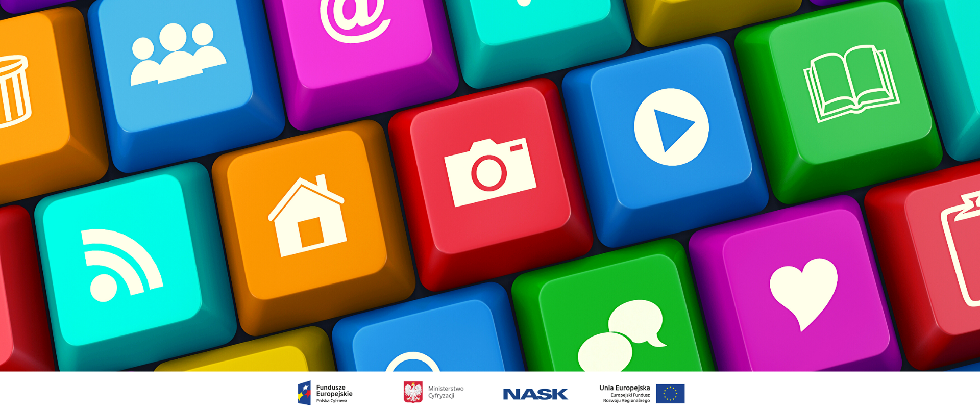 Kolorowa klawiatura. Na klawiszach symbole m.in. strony domowej, poczty elektronicznej, czatów, wifi, multimediów