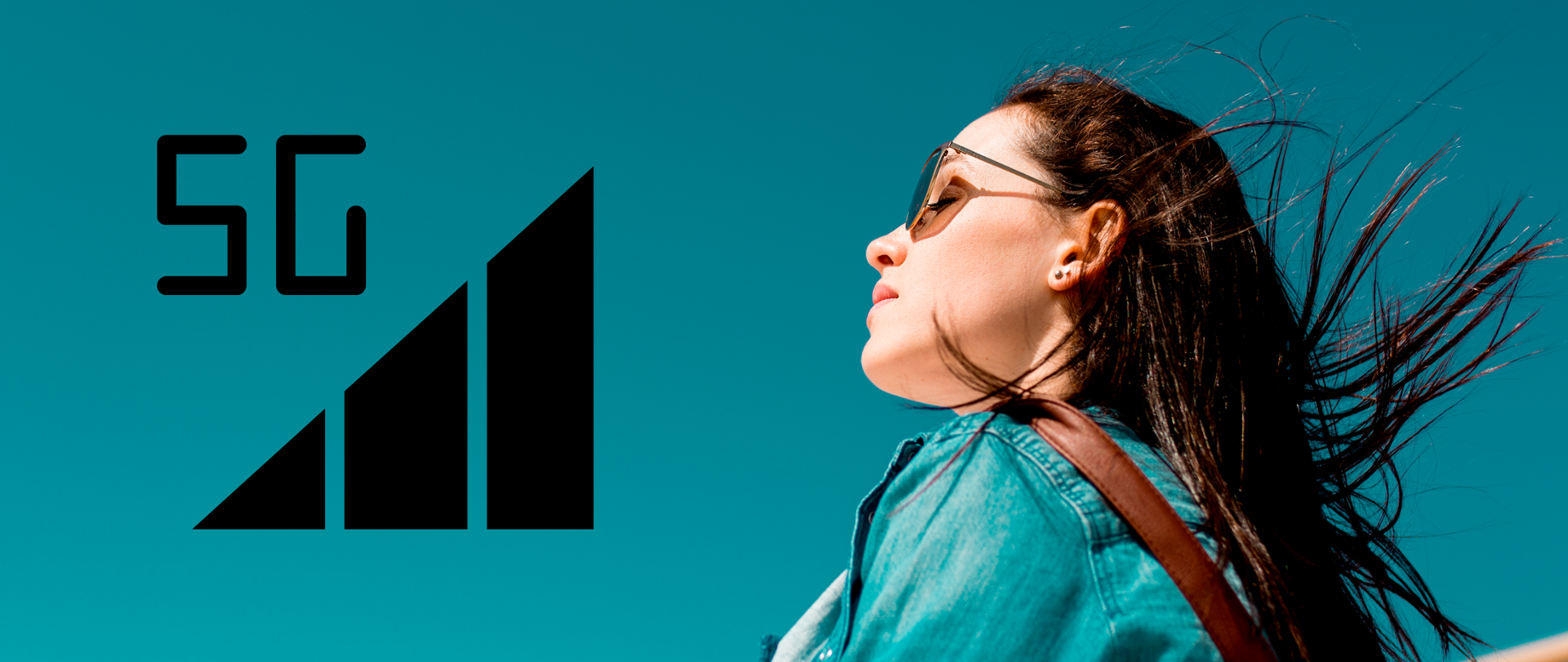 Kobieta w okularach słonecznych z rozwianymi włosami, obok symbol ikonki zasięgu oraz napis 5G