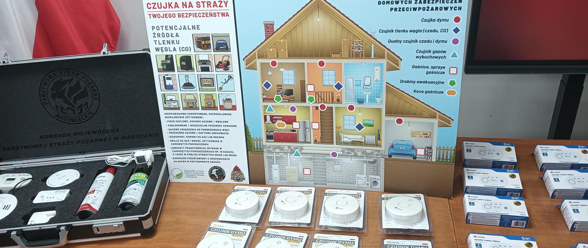 Zdjęcie przedstawia walizkę z czujnikami, oraz osobno 8 czujek dymu i 8 czujek tlenku węgle. Stoi także baner Czujki na Straży Twojego Bezpieczeństwa, który przedstawia schemat montażu czujek w domu. 