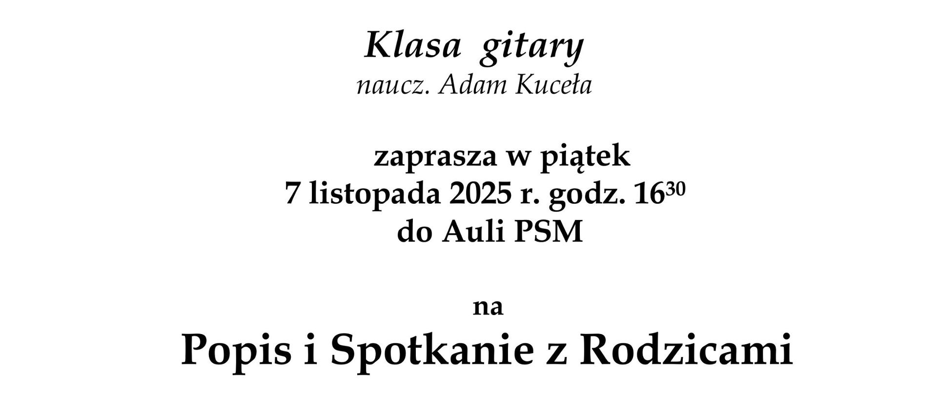 Plakat na białym tle. Na środku czarne napisy informujące o popisie. Poniżej kolorowa ikonografia przedstawiająca osoby grające na gitarze.