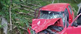 Widoczny samochód osobowy , zniszczony czerwony, w około zniszczone drzewa