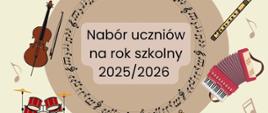 czarne litery i nutki, kolorowe instrumenty 