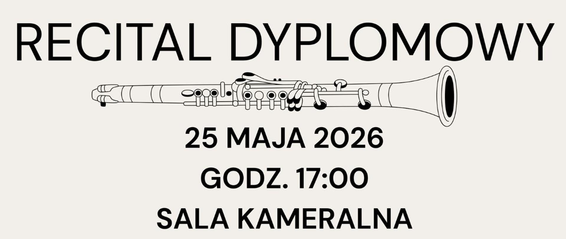 Jasny plakat o symetrycznej kompozycji. Na górze, pod głównym tytułem, znajduje się czarno-jasnobeżowy rysunek klarnetu. W centralnej części plakatu umieszczono tekst, po bokach którego widnieją dwa zdjęcia dyplomantów: po lewej fotografia kobiety w bordowej sukni wieczorowej trzymającej klarnet na tle ogrodu, a po prawej kadr przedstawiający mężczyznę w eleganckim stroju, grającego na klarnecie podczas występu z orkiestrą.
