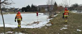 Strażacy doskonalą techniki ratownicze, wykorzystując sanie lodowe do ewakuacji pozorowanego poszkodowanego z przerębla. Całość działań odbywa się przy pełnej asekuracji linowej oraz wsparciu technicznym zastępów widocznych na brzegu zbiornika.