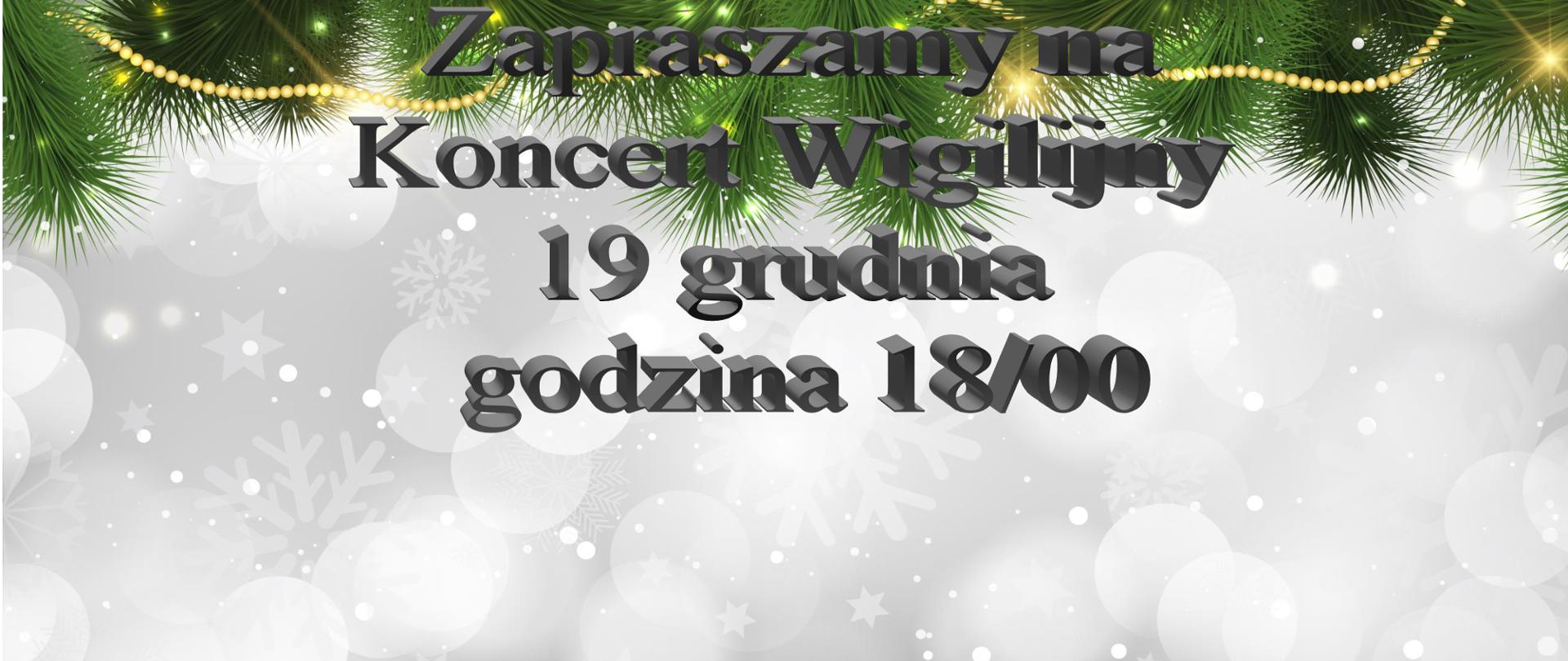 Plakat z informacją o zaproszeniu na koncert wigilijny w dniu 19 grudnia godzina 18.00