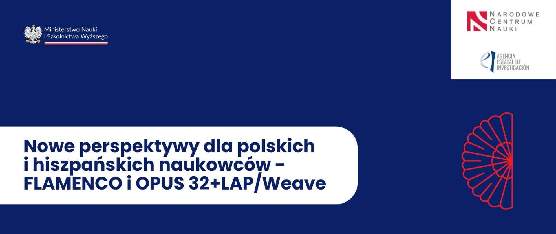 Grafika - na niebieskim tle napis Nowe perspektywy dla polskich i hiszpańskich naukowców - FLAMENCO i OPUS 32+LAP/Weave i loga NCN i AEI.