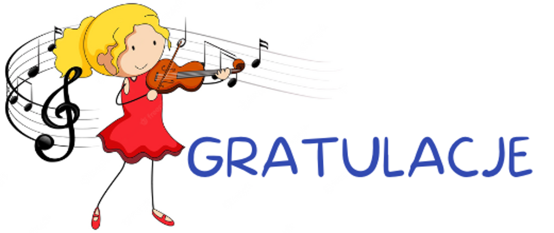 Na białym tle przedstawiono dziewczynkę w czerwonej sukience i żółtych włosach grającą na skrzypcach. Wokół niej pięciolinia z kluczem wiolinowym i nutkami. Po prawej stronie napis "gratulacje".