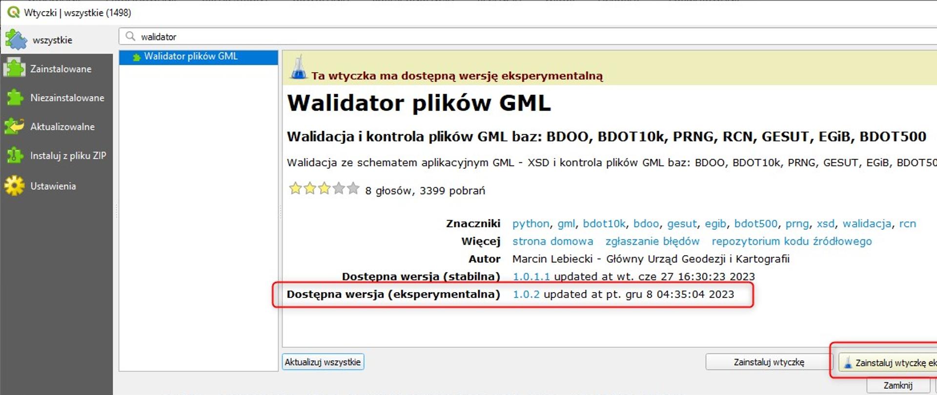 zrzut przedstawia sposób podłączenia wersji eksperymentalnej wtyczki Walidator plików GML
