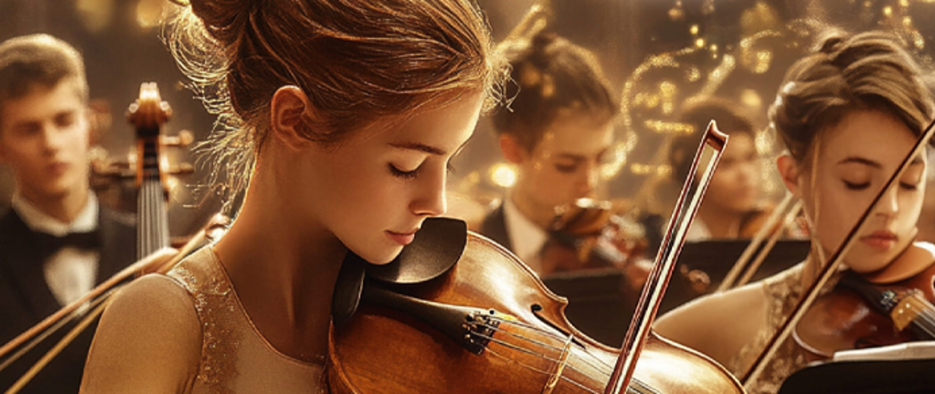 plakat w odcieniach beżu, przedstawia młodych koncertujących skrzypków. Tło przypominające salę balową. Napisy w kolorze białym.