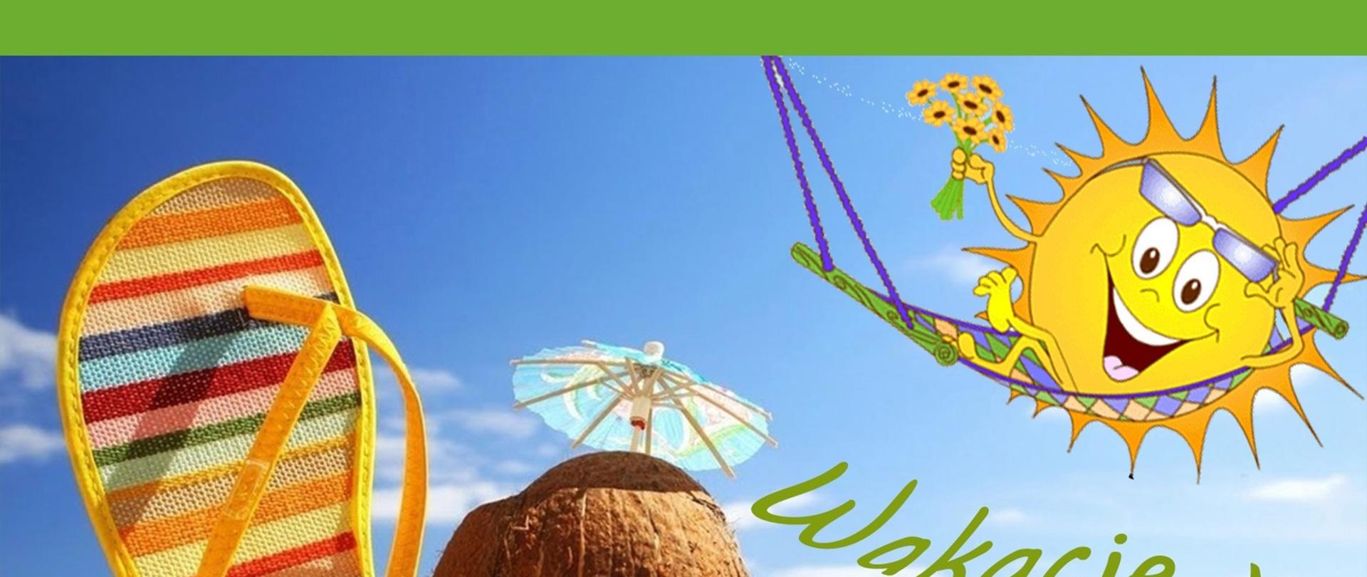 zdjęcie plaży: piasek- w tle morze . na pierwszym planie w piasek wbity kapeć plażowy damski obok leżące okulary za okularami kokos, w kokos wbita parasolka od koktajli, w prawym górnym rogu na hamaku narysowane jest uśmiechnięte słońce z kwiatami leżące na hamaku