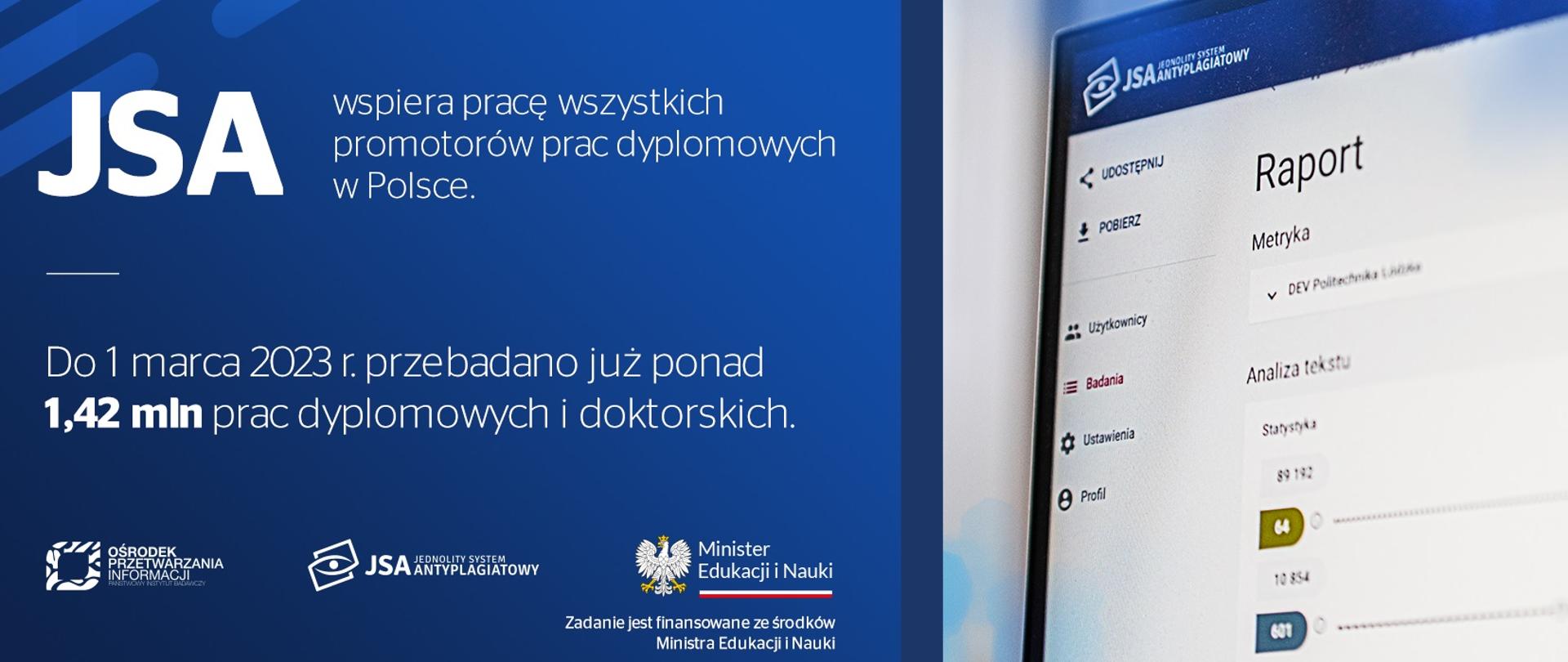 Grafika - ekran komputera z napisem Raport, obok napis na niebieskim tle JSA wspiera pracę wszystkich promotorów prac dyplomowych w Polsce.