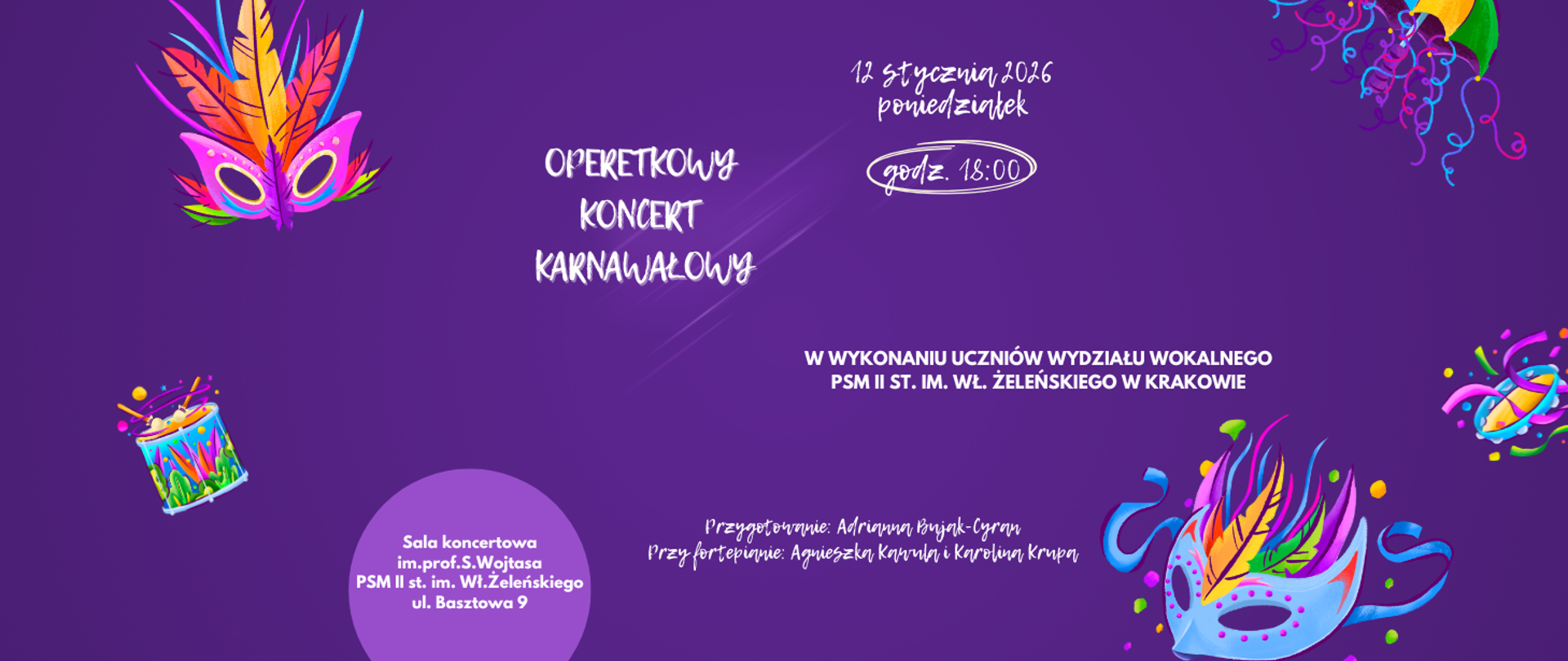 Ozdoby karnawałowe na fioletowym tle