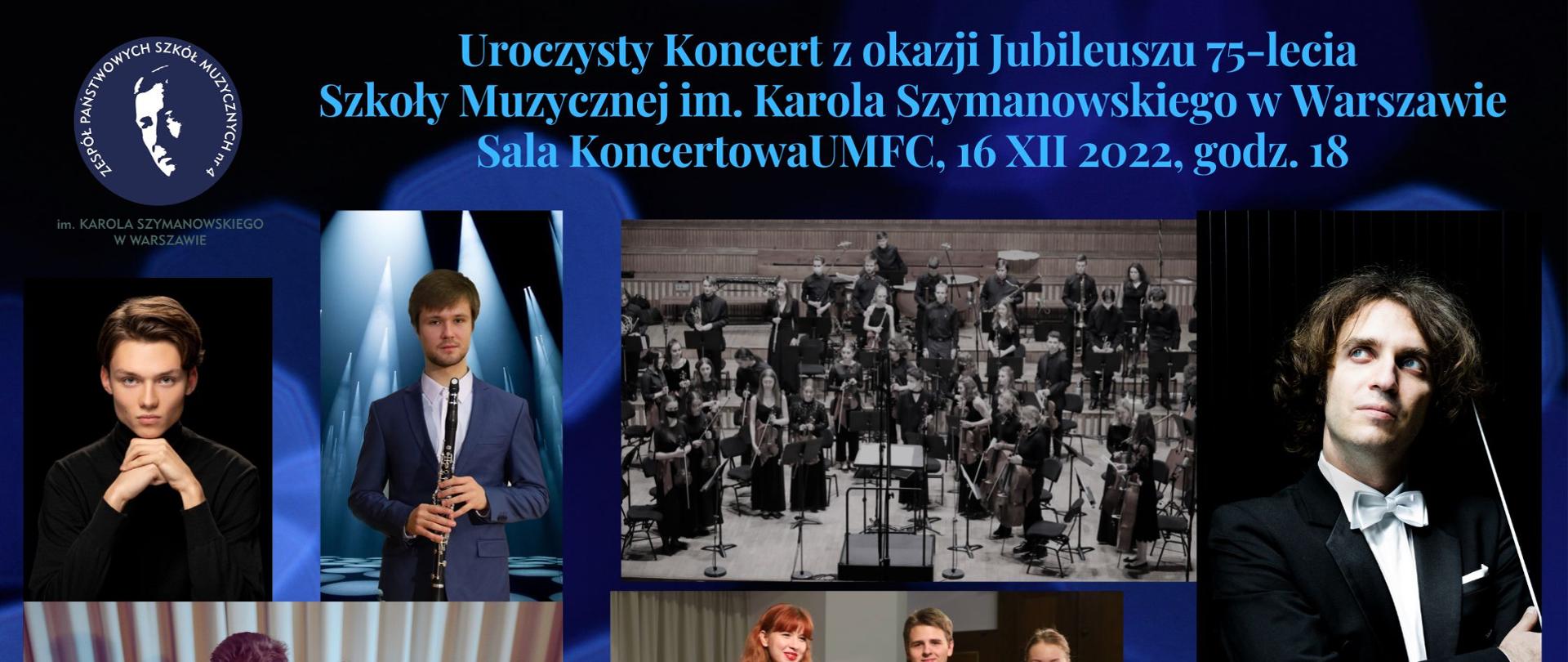 Zdjęcia uczniów szkoły z różnymi instrumentami oraz dyrygenta orkiestry
