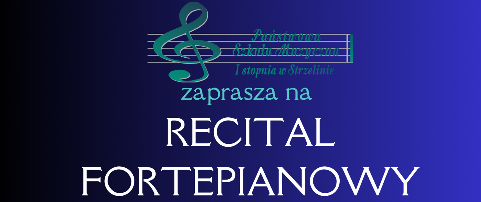 Na granatowym tle umieszczona została grafika fortepianu oraz informacje dotyczące koncertu.